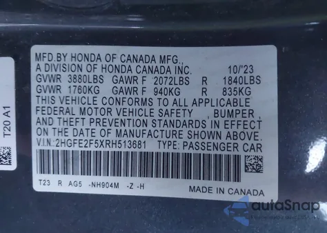 2024 Honda Civic Sport z USA, uszkodzony, nr VIN 2HGFE2F5XRH513681